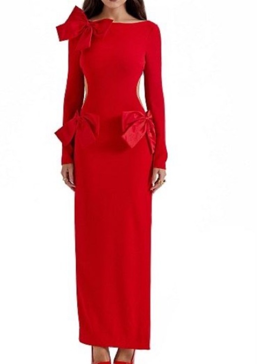 House of CB Dresses & Skirts - House of CB Red Long-Sleeve Maxi Dress with Sculpted Bows